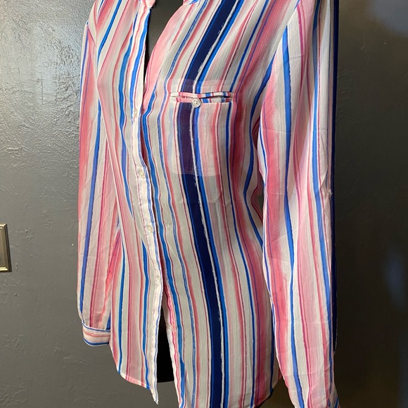 KUT From The Cloth Semi Sheer Jasmine Watercolor Striped Semi Sheer Blouse - Picture 10 of 16